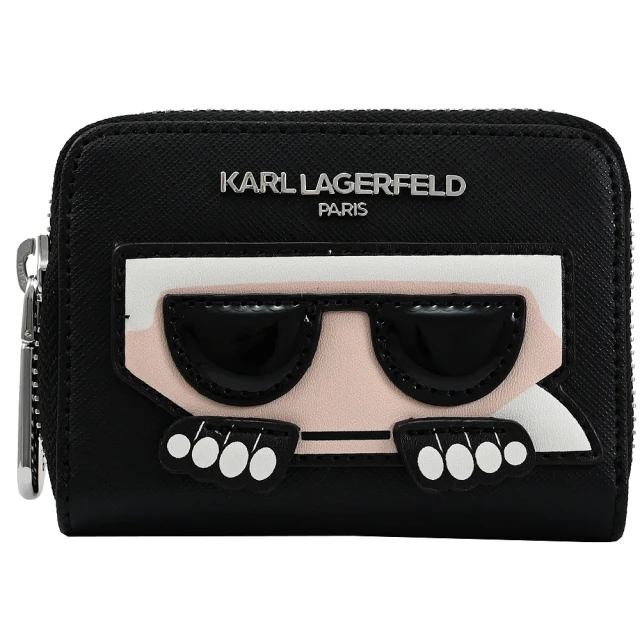 KARL LAGERFELD 卡爾 簡約老佛爺公仔信用卡多層風琴式零錢包(黑銀)