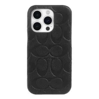 【COACH】iPhone 15 Pro 真皮手機殼 黑色壓花經典大C