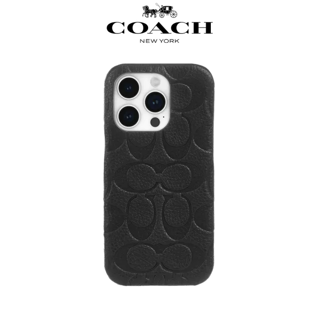 【COACH】iPhone 15 Pro 真皮手機殼 黑色壓花經典大C