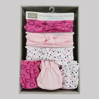【Hudson Baby】彌月禮盒組-女嬰兒髮帶+新生兒防抓手套6件(頭花髮飾寶寶)