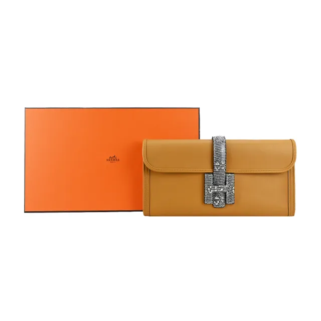 【Hermes 愛馬仕】Pochette Jige Swift小牛皮混蜥蜴皮格H穿釦大手拿包(AE芝麻/Z刻)