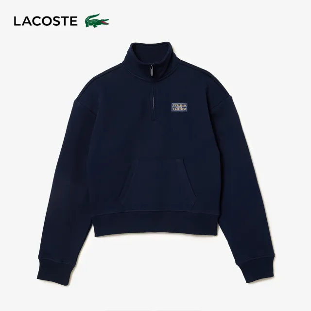 【LACOSTE】女裝-高領拉鍊抓絨運動衫(海軍藍)