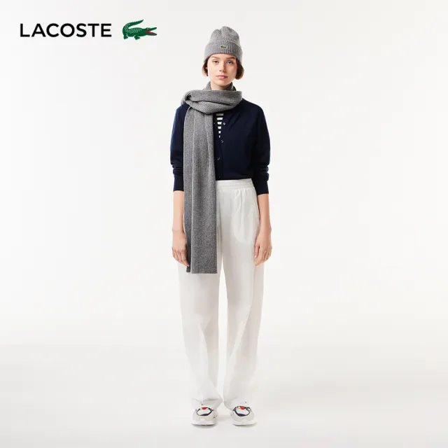 【LACOSTE】女裝-圓領開襟長袖羊毛衫(海軍藍)