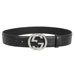 【GUCCI 古馳】411924 經典Guccissima GG壓紋銀釦牛皮腰帶/皮帶(黑色)