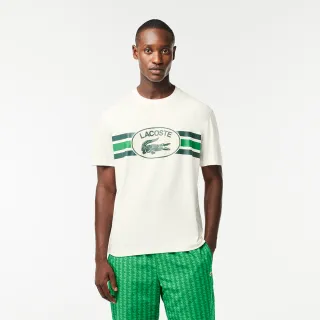 【LACOSTE】男裝-拼接刺繡圖案短袖T恤(米白色)