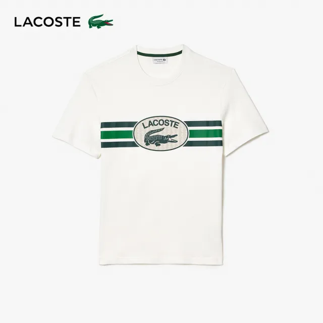 【LACOSTE】男裝-拼接刺繡圖案短袖T恤(米白色)