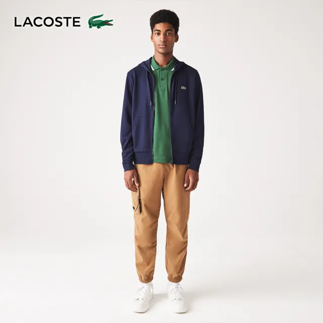 【LACOSTE】男裝-有機棉拉鍊連帽外套(海軍藍)