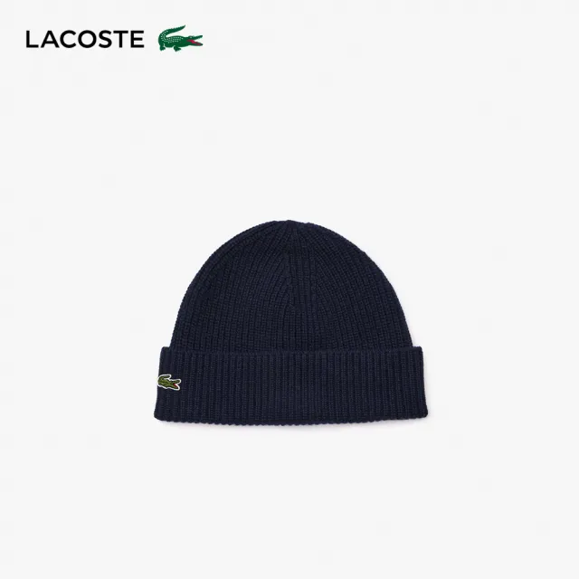 【LACOSTE】中性款-羊絨羊毛粗針織毛線帽(海軍藍)