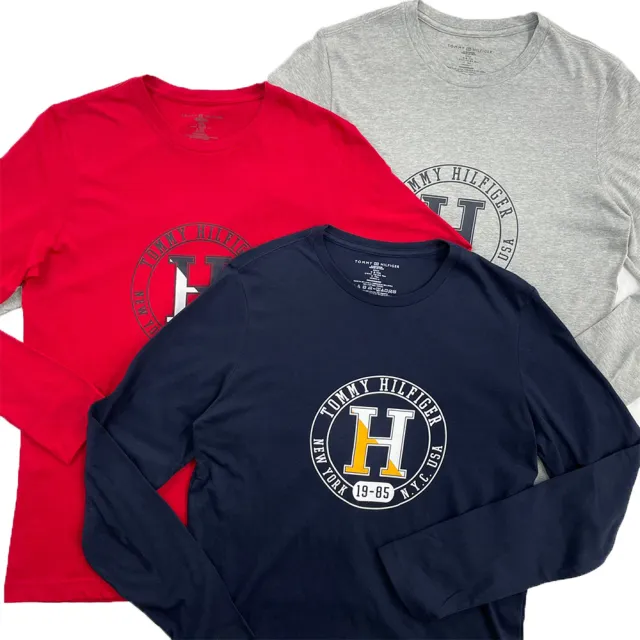 【Tommy Hilfiger】三色 薄長袖 純棉 大尺碼 長袖 上衣  T恤 長T 平輸品(藍 灰 紅 三色 長袖9298BI4)
