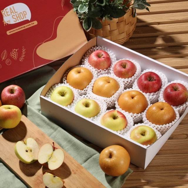 RealShop 真食材本舖 青森名月蘋果4顆＋日本蜜富士4顆+韓國梨4 共12顆/4.5kg±10%x1盒 日韓禮盒