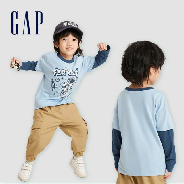 【GAP】男幼童裝 印花假兩件圓領長袖T恤-多色可選(773839)