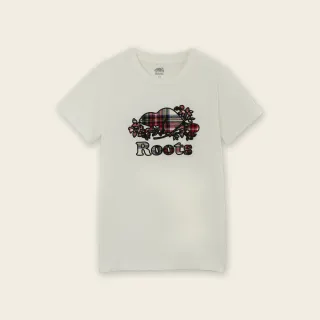 【Roots】Roots女裝-經典小木屋系列 格紋海狸LOGO短袖T恤(奶油白)