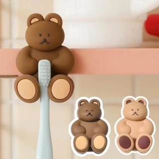 【QQ小熊】可愛立體小熊免打孔牙刷架-2入(廚房 浴室 吸盤 鑰匙掛勾 口罩架 置物架 壁掛收納)