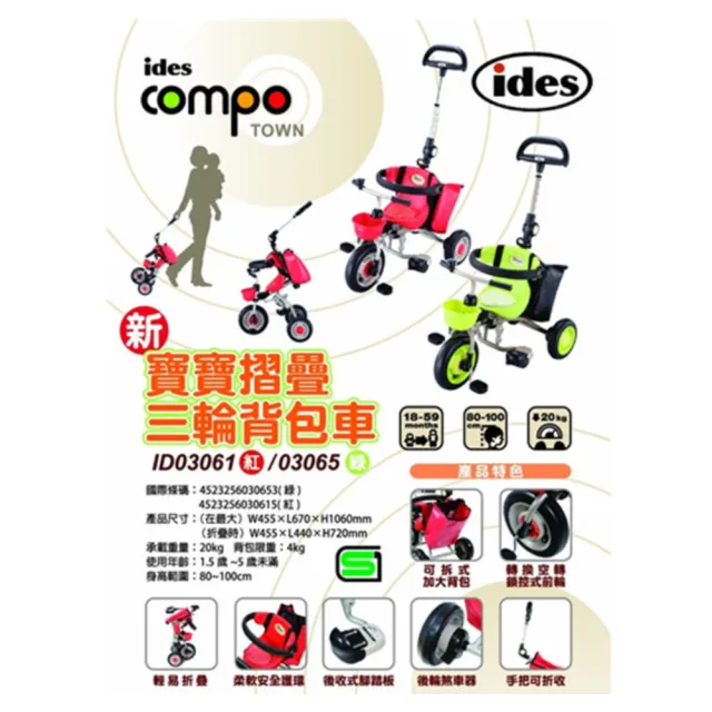 寶寶共和國 IDES 3代折疊背包三輪車-紅(幼兒三輪車/推車/親子三輪車)