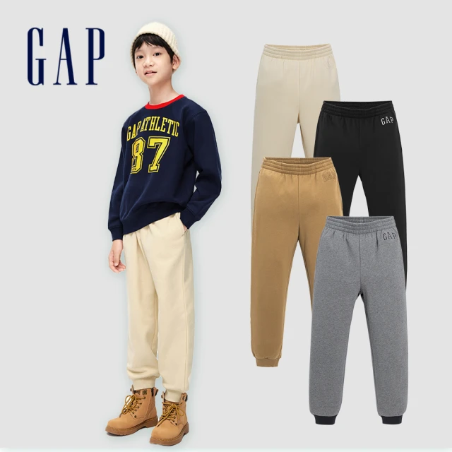 【GAP】男童裝 Logo刷毛束口鬆緊褲 碳素軟磨系列-多色可選(836648)