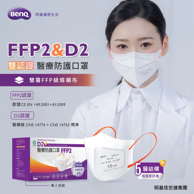 【BenQHealth 明基健康生活】怡安醫療 FFP2五層高防護口罩 20入/盒(D2 & FFP2 雙認證)