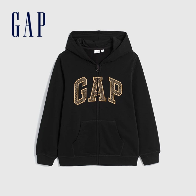 GAP 男童裝 Logo印花連帽外套 碳素軟磨法式圈織系列-黑色(857492)