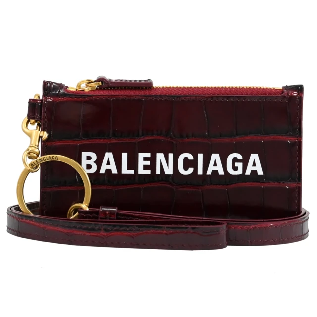 Balenciaga 巴黎世家Balenciaga 巴黎世家 經典LOGO鱷魚紋牛皮可拆掛式信用卡零錢包(深紅)