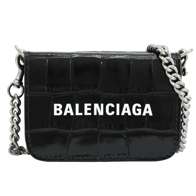 Balenciaga 巴黎世家 金屬B字LOGO鱷魚壓紋牛皮零錢短夾斜背包(黑)