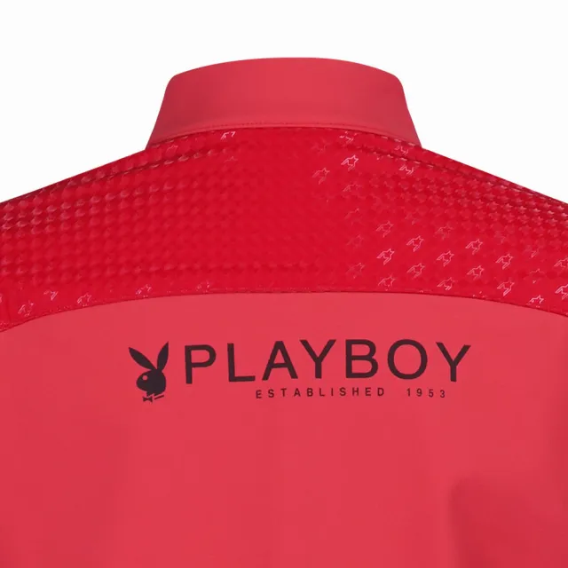 【PLAYBOY GOLF】女款反光千鳥剪接下襬羅紋立領長袖POLO衫-紅(吸濕排汗/蓄熱保溫/高爾夫球衫/KA23226-18)