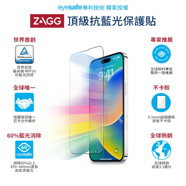 【美國ZAGG】抗藍光保護貼 iPhone 15 Pro 專用 全球唯一 德國萊因 雙認證 最高等級 RPF30