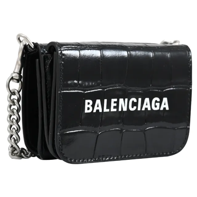 【Balenciaga 巴黎世家】金屬B字LOGO鱷魚壓紋牛皮零錢短夾斜背包(黑)