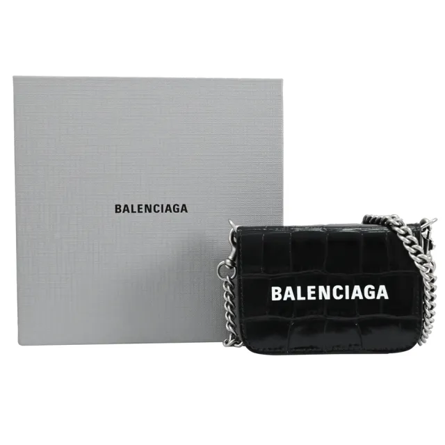 【Balenciaga 巴黎世家】金屬B字LOGO鱷魚壓紋牛皮零錢短夾斜背包(黑)