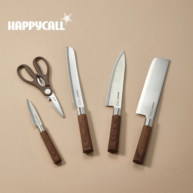 【韓國HAPPYCALL】木質紋料理刀具5件組(8吋主廚刀/方形主廚刀/麵包刀/3.5吋水果刀/料理剪)