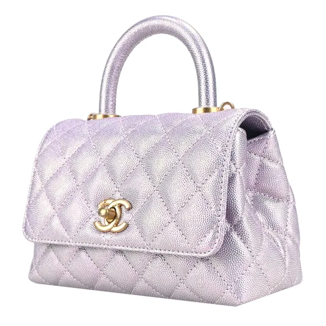 【CHANEL 香奈兒】Mini Coco Handle經典菱格V字縫線小牛皮金釦兩用包(珠光紫)