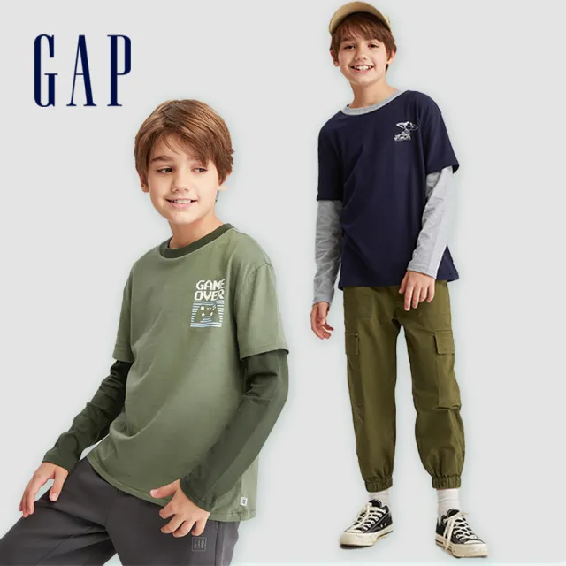 【GAP】男童裝 純棉印花假兩件圓領長袖T恤-多色可選(736017)