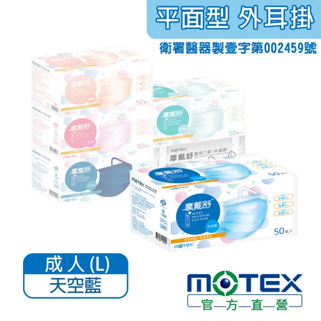 【MOTEX 摩戴舒】平面醫用口罩 大包裝 50片(天空藍)
