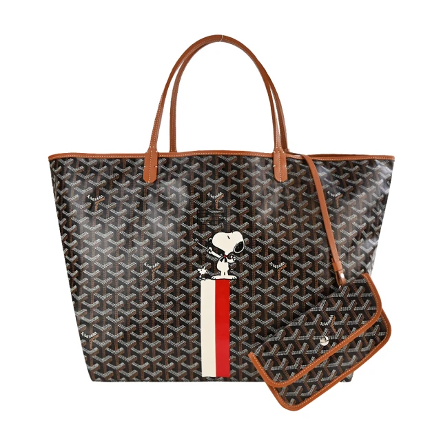 GOYARD 高雅德 STLOUI SNOOPY 聯名款條紋塗料帆布LOGO子母購物包(大/黑棕/白紅)