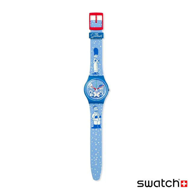 【SWATCH】辛普森家族聯名錶系列手錶 TIDINGS OF JOY 辛普森家族 耶誕錶 藍 Simpsons 瑞士錶 錶(34mm)