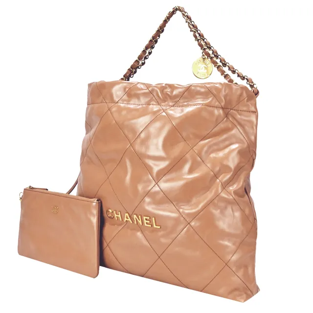 【CHANEL 香奈兒】22新款It Bag菱格紋縫線亮面小牛皮肩背包(駝色)『entrupy安心購』
