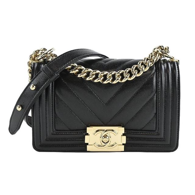 【CHANEL 香奈兒】經典BOY系列菱格粒紋小牛皮翻蓋斜背包(黑色)