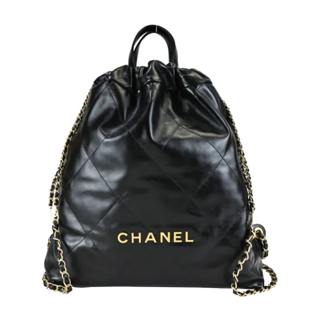 【CHANEL 香奈兒】22新款經典LOGO V字縫線亮面小牛皮雙肩後背包(黑色)『entrupy安心購』