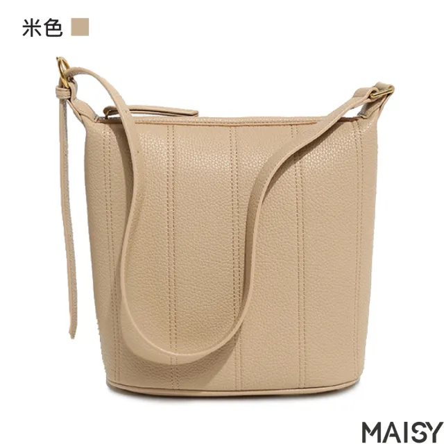 【MAISY】時尚潮流質感軟皮斜肩水桶包(現+預  黑色／土黃色／米色／棕色)