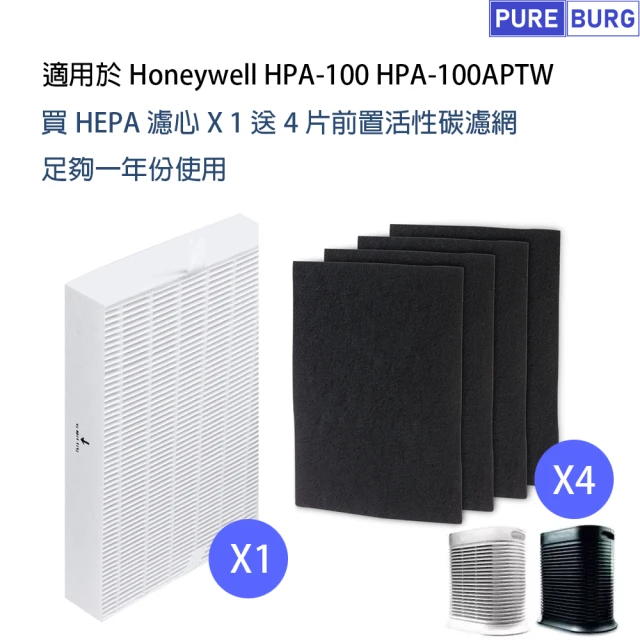 【PUREBURG】適用Honeywell濾心HPA-100APTW HPA-100 副廠濾網組(HEPA濾網x1 +活性碳濾棉x4)