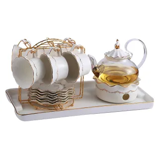 【沐森活】歐式下午茶具套裝組-附煮爐(花茶具/下午茶具/水果茶茶壺/英式奶茶具套組/喬遷禮)