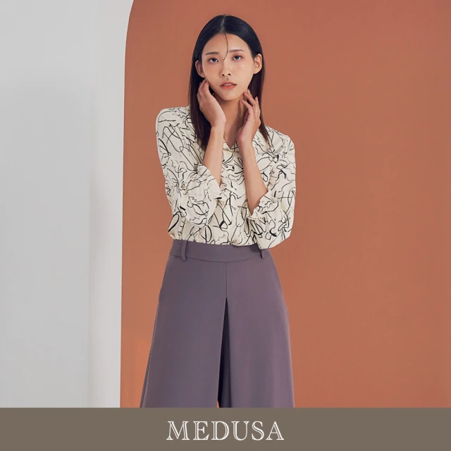 MEDUSA 曼度莎 現貨-米色線條畫雪紡上衣（M-2L）｜女上衣 女長袖上衣 冬新品(201-24301)