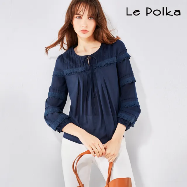 【Le Polka】歐風蕾絲拼接棉質上衣-女