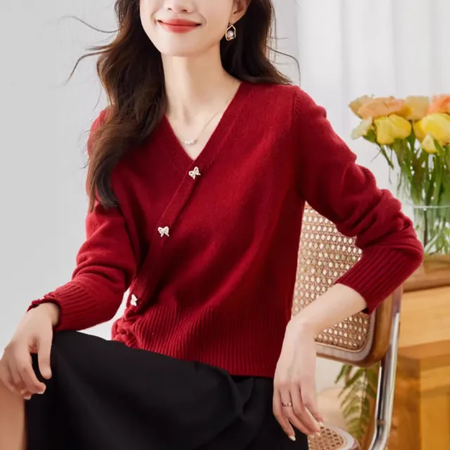 【LANNI 藍尼】★V領蝴蝶結針織衫(長裙/長袖/女裝)