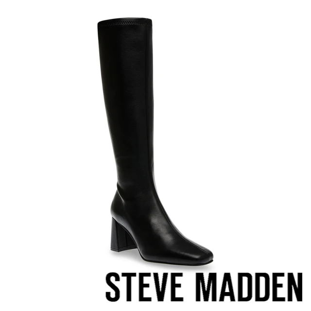 【STEVE MADDEN】HOLLY 皮革小方頭粗跟長靴(黑色)