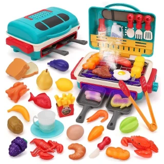 【CUTE STONE】兒童廚房玩具聲光燒烤爐與切切樂套裝37件組合