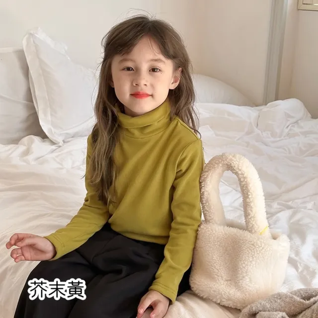 【橘魔法】素色高領反折細刷毛長袖上衣(大童 打底衫 內搭衣 刷毛 兒童 女童 童裝 厚 厚款 加絨 保暖)