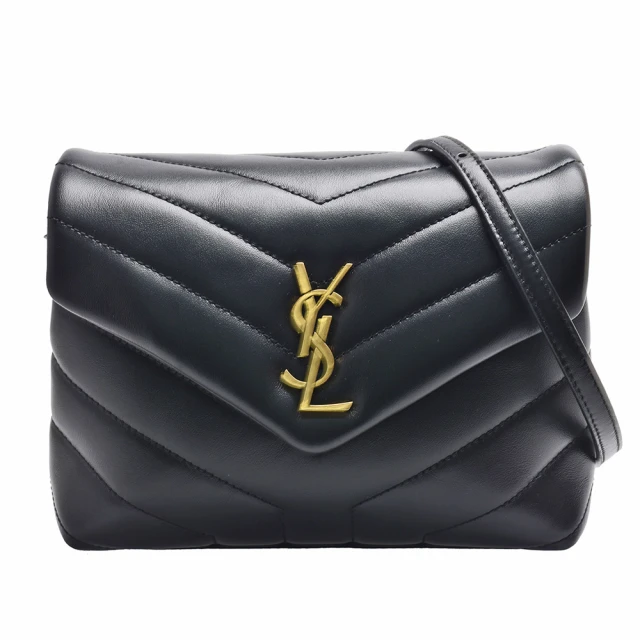 YSL LOULOU系列V字縫線金色金屬LOGO小牛皮斜背包(小-黑678401-DV707-1000)