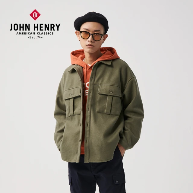 【JOHN HENRY】圖騰拼布毛呢外套-綠