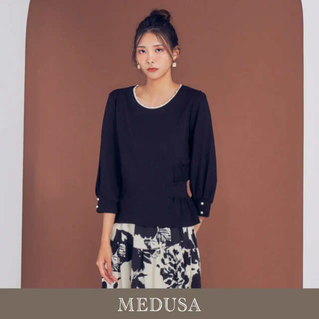 MEDUSA 曼度莎 現貨-台灣製 珍珠邊黑色收腰上衣（M-XL）｜女上衣 女長袖上衣 冬新品(201-5180A)