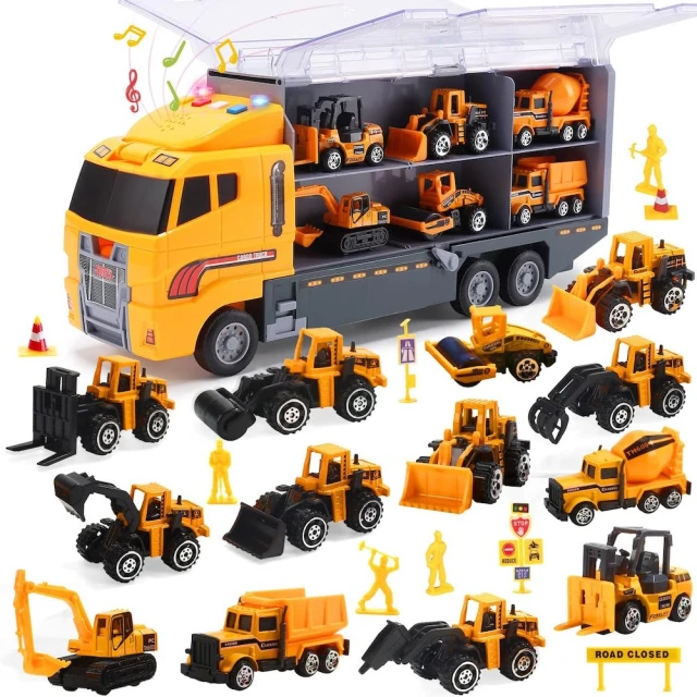 【CuteStone】兒童工程小汽車與聲光運輸車海鷗號套裝玩具25件組