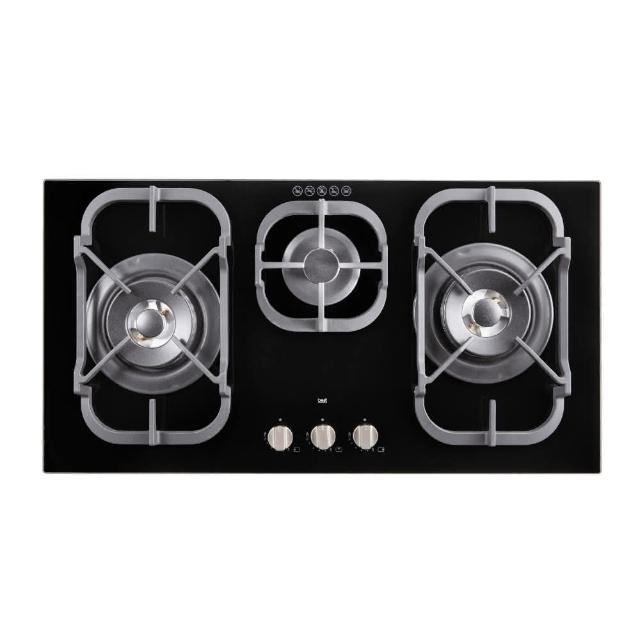 BEST 貝斯特 GH9055 三口瓦斯爐，採用耐熱強化玻璃爐臺與傳統外擴火焰爐頭，提供穩定高效加熱。電子連續點火設計，方便點火使用。適用天然瓦斯及液化(桶裝)瓦斯，瓦斯消耗量11~12kW，能源效率第四級。機體尺寸860 x 450 x 58 mm，挖孔尺寸720 x 420 mm，使用110V / 60Hz電源。BSMI許可字號T31228，全機1年保固，不含安裝服務。適閤家庭廚房，提升烹飪效率。
